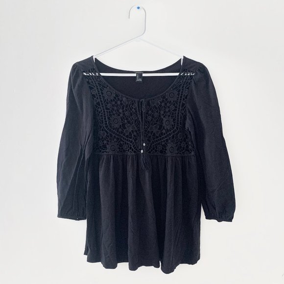 3/$20 Black Crochet Peasant Blouse Babydoll Top - Picture 1 of 2